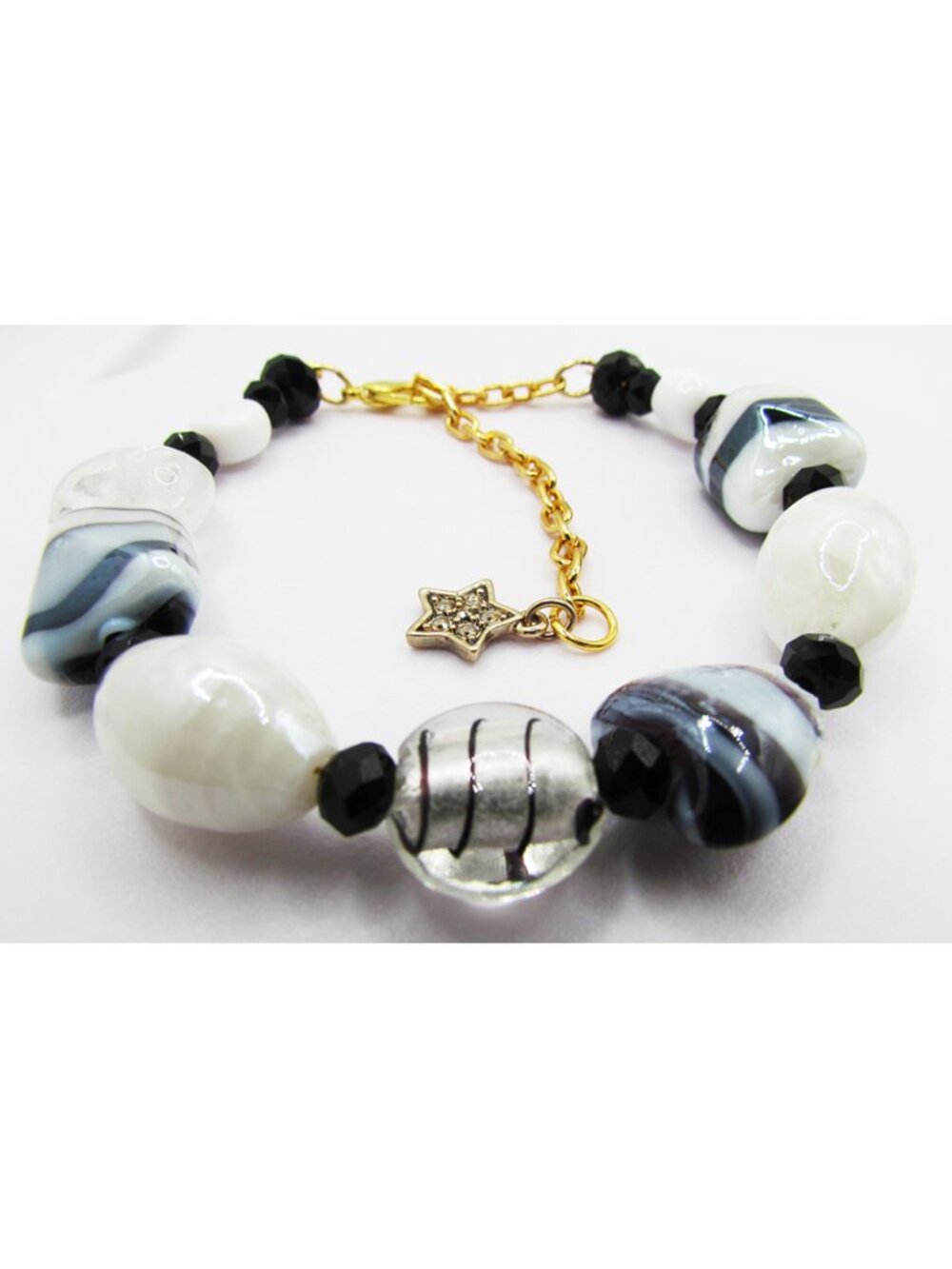 Black White Art Glass Beaded Bracelet Gold Plated Adjustable